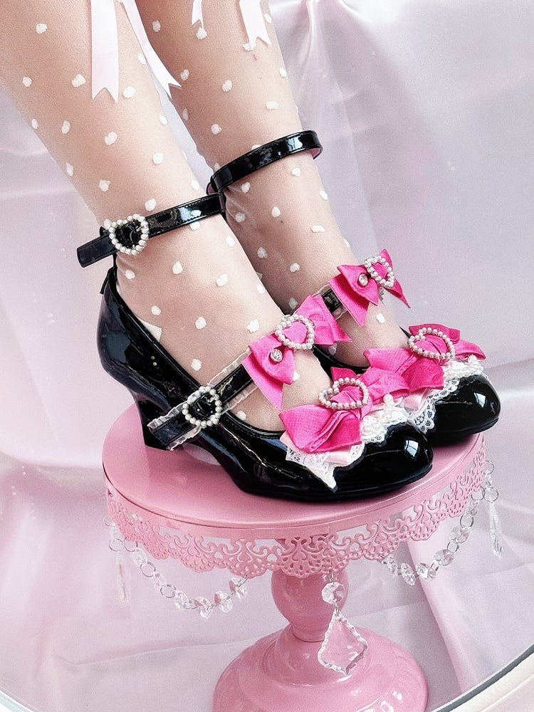 Black and Pink Gyaru Fashion Heart Cut-out Wedge Heels Mary Janes Jirai Kei Shoes
