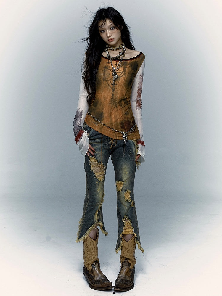 Lace-up Detail Blue Distressed Holes Faded Wash Punk Jeans Raw Hem