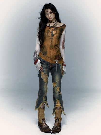 Lace-up Detail Blue Distressed Holes Faded Wash Punk Jeans Raw Hem