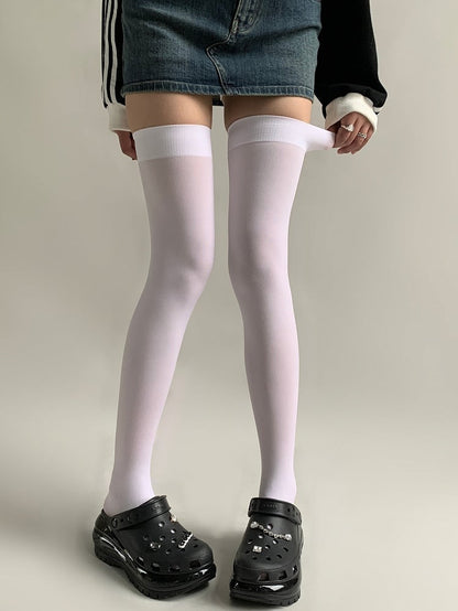Longer Version White/Black Ribbed Trim Over-knee Stockings