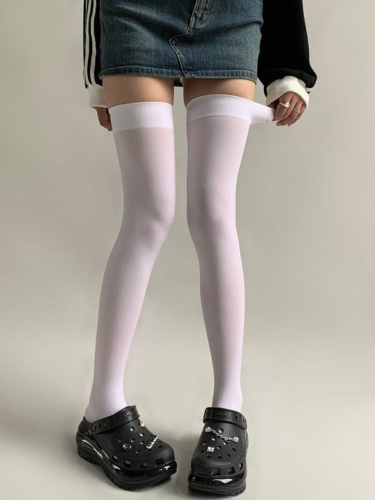 Longer Version White/Black Ribbed Trim Over-knee Stockings