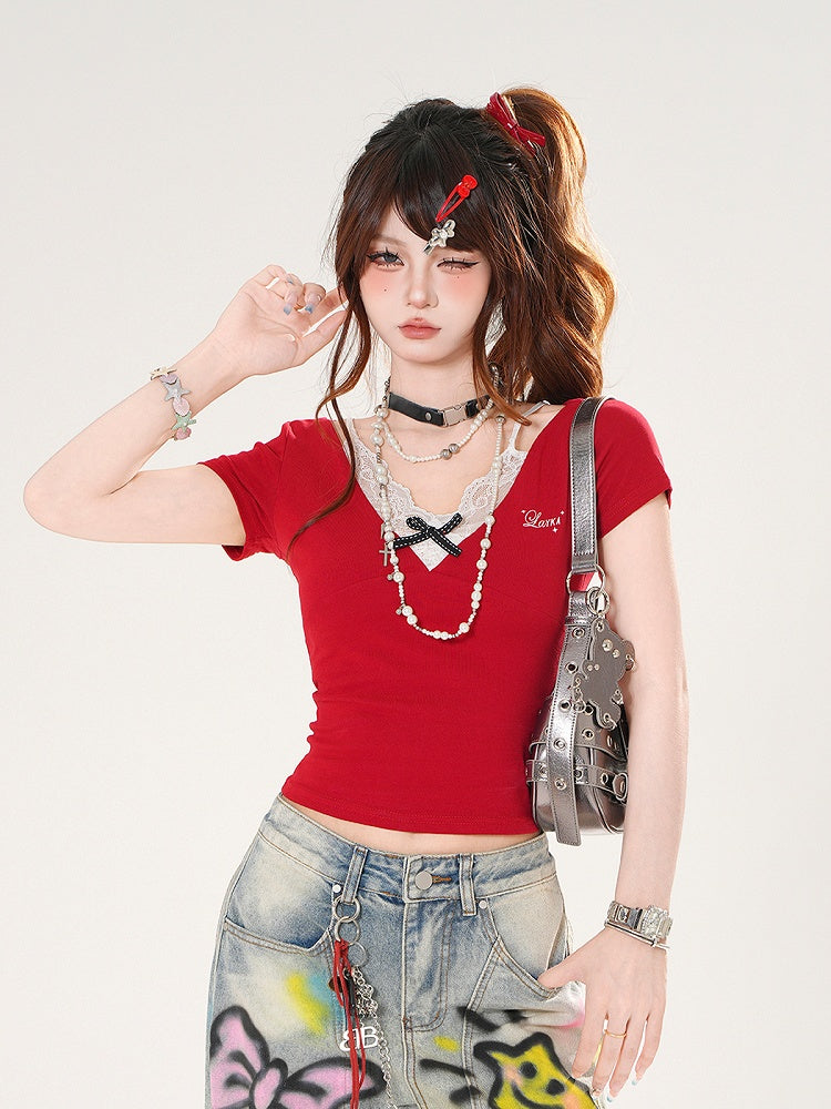Faux Two-pieces Lace Camisole Design Black/Red Slim-fitting T-shirt