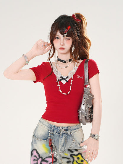 Faux Two-pieces Lace Camisole Design Black/Red Slim-fitting T-shirt