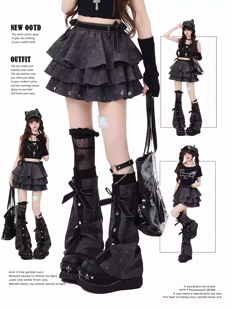 Dark Gray Bowknot Details Tiered Skirt with Free Flared Leg Warmers