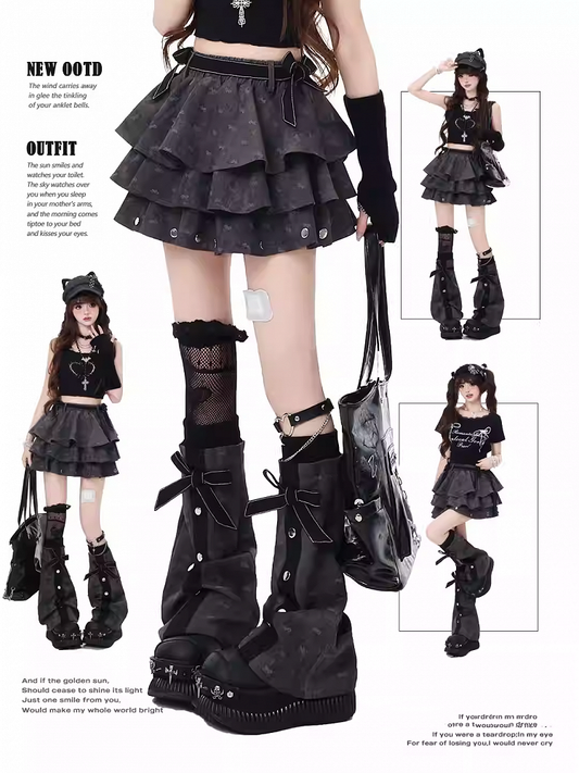 Dark Gray Bowknot Details Tiered Skirt with Free Flared Leg Warmers