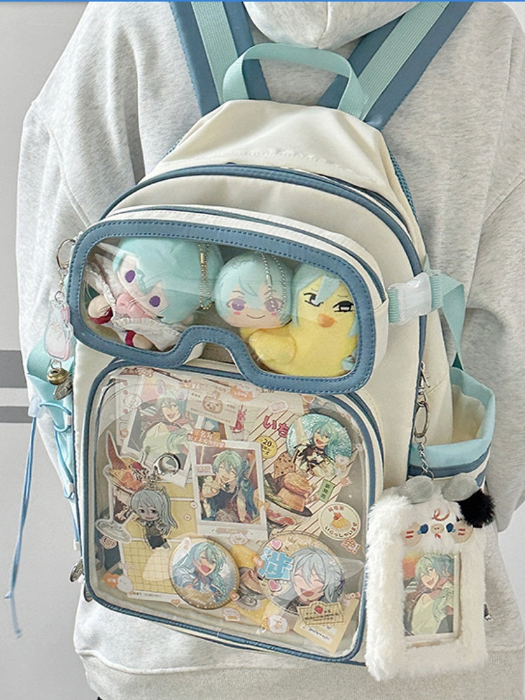 White&Blue Star Print Backpack Ita Bag With Goggles-Shaped Ita Bag