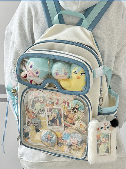White&Blue Star Print Backpack Ita Bag With Goggles-Shaped Ita Bag
