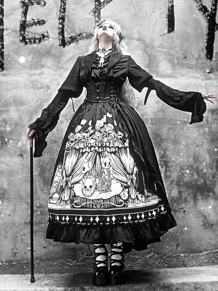 Plus Sizes Available Dark Gothic Lolita Full Set - Black Long Sleeves Shirt + Skirt + Corset Belt