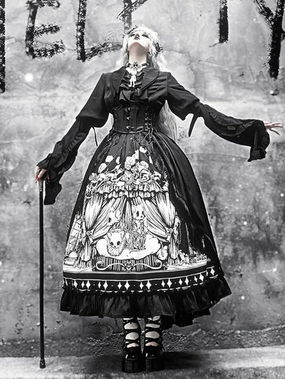 Plus Sizes Available Dark Gothic Lolita Full Set - Black Long Sleeves Shirt + Skirt + Corset Belt