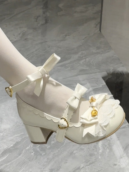 White Spoon Decorated Bowknot Details Sweet Lolita High Block Heels