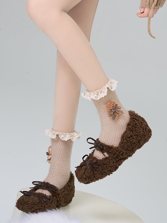 Brown Lolita Lace Trim Calf Socks With Bear And Bow Accents