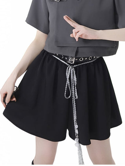 Black Cheongsam Style Shorts with Buckle Belt and Tassel Belt