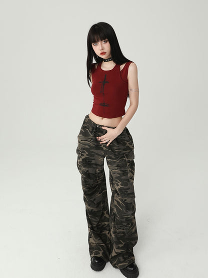 Gothic Wine Red Cross Print Backless Glamorous Cropped Sleeveless Top