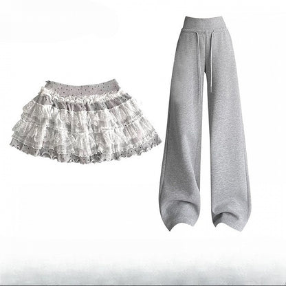 Gray Y2K Bittersweet Wide-leg Cut Pants + Polka-dot Pattern Lace Trim Tiered Skirt