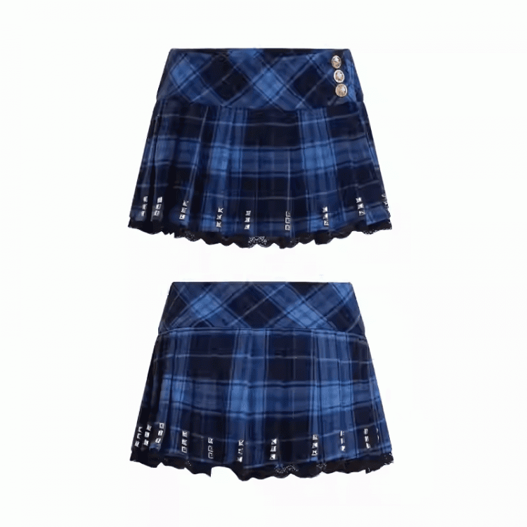 Punk Navy Blue Plaid Studs Detail Lace Trim Y2K Mini Pleated Skirt