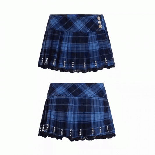 Punk Navy Blue Plaid Studs Detail Lace Trim Y2K Mini Pleated Skirt