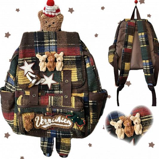 Maillard Core Brown Backpack - Vintage Plaid Patchwork Design