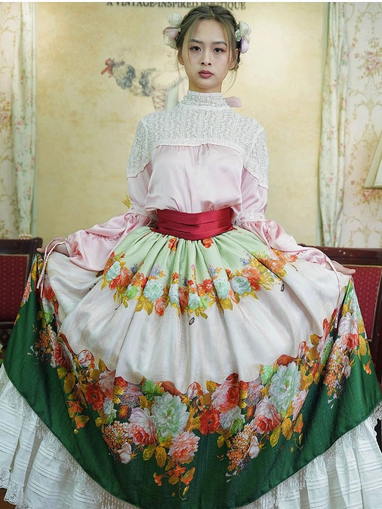 Historical Full Set- Pink Poet Blouse + Green Crystal Tassel Floral Skirt + Red Wide Belt