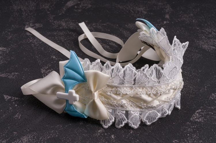 Crosses and Blue Wings White Bowknots Lace Hairband