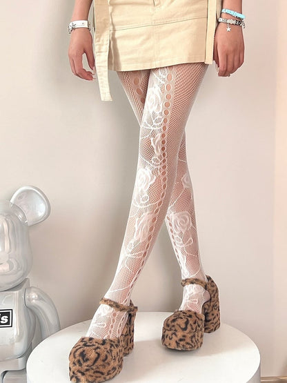 Black/White/Brown Y2K Cut-out Design Floral Pattern Tights