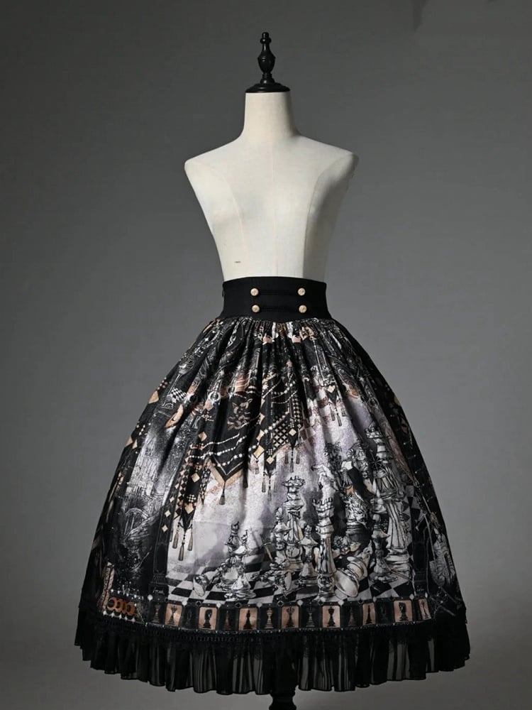 Black Corset Belt Waist Chess Theme Print Lolita Skirt