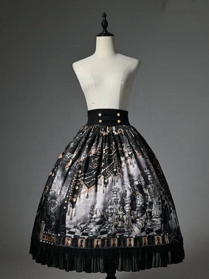 Black Corset Belt Waist Chess Theme Print Lolita Skirt