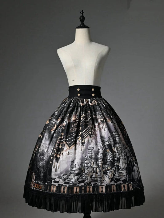Black Corset Belt Waist Chess Theme Print Lolita Skirt