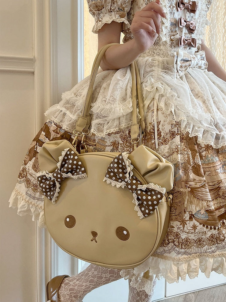 Brown Polka-dot Pattern Bowknot Details Bear Tote Bag