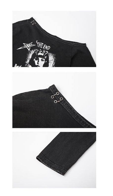 Punk Y2K Black Asymmetrical Cutout Shoulder Top