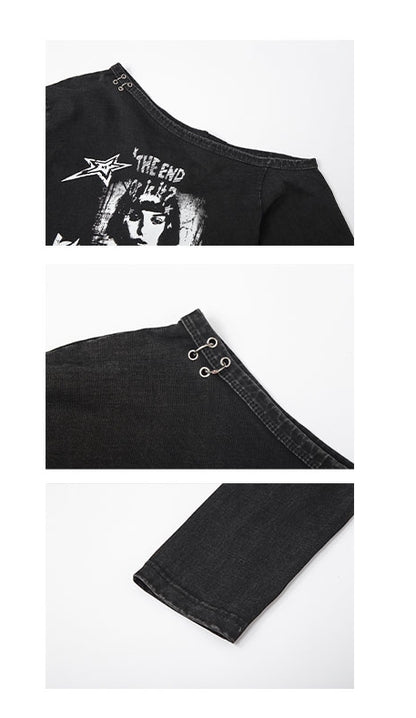 Punk Y2K Black Asymmetrical Cutout Shoulder Top