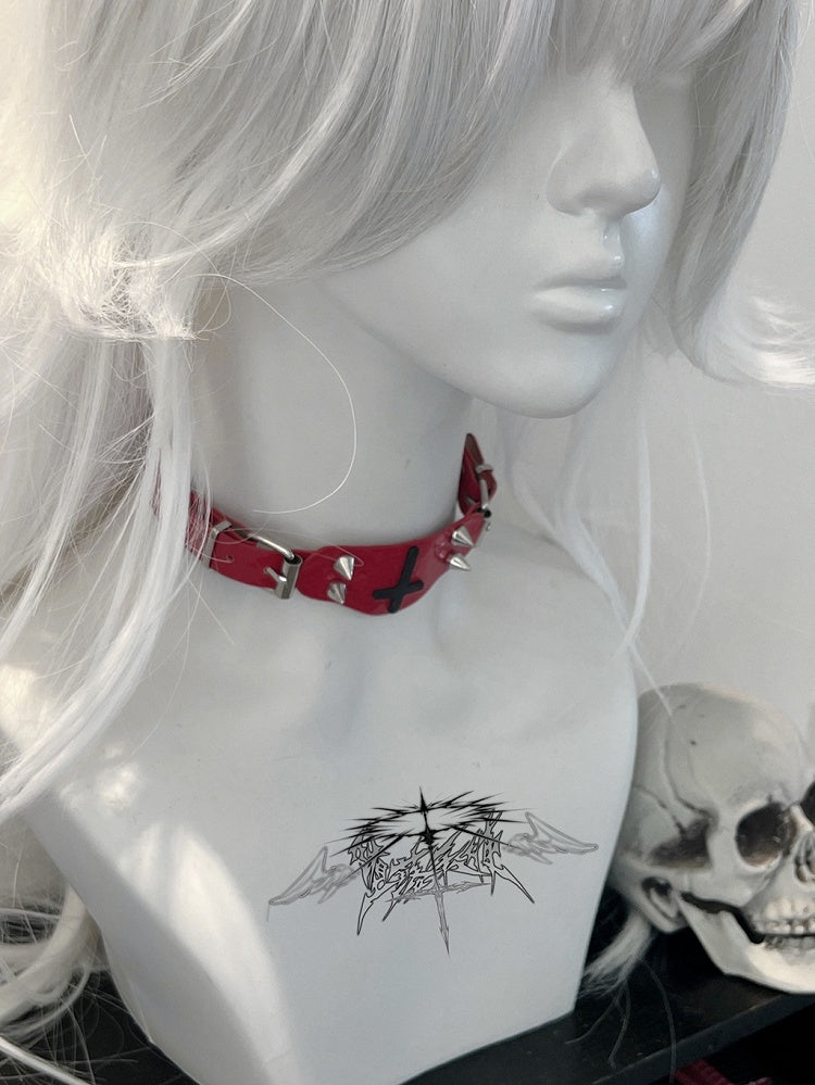 Red Punk Cross and Stud Decorated Choker