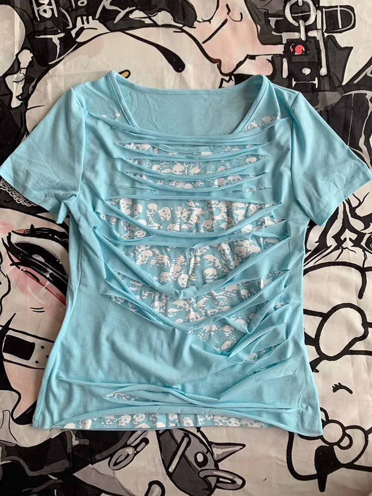 Light Blue Double-layer Skeleton Print Hollowed-out Punk T-shirt