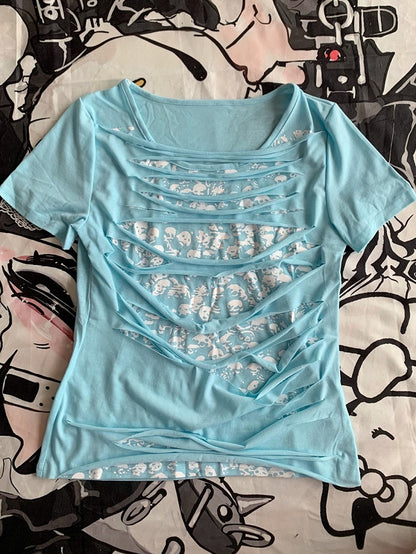 Light Blue Double-layer Skeleton Print Hollowed-out Punk T-shirt