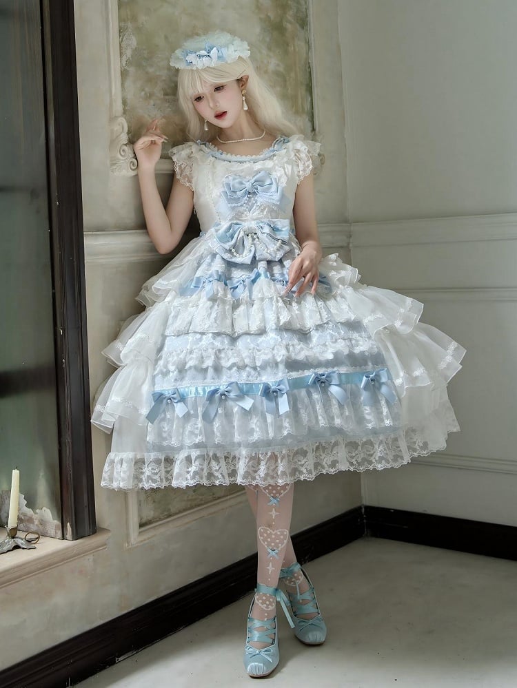 White and Blue Hanayome Bows Decoration Tiered Skirt Hime Dress Lolita JSK Full Set
