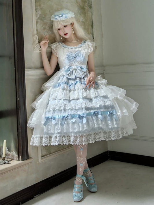 White and Blue Hanayome Bows Decoration Tiered Skirt Hime Dress Lolita JSK Full Set