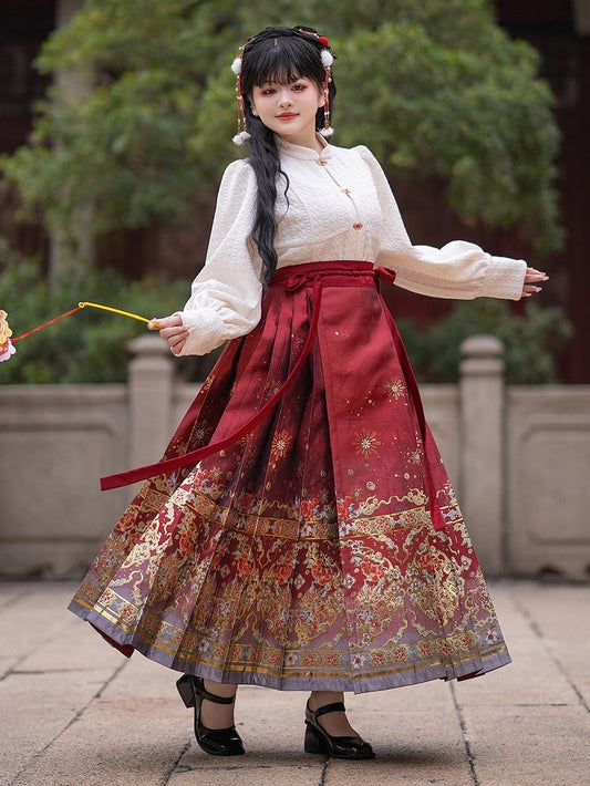 Plus Size New Year Red High Waist Maxi Pleated Skirt