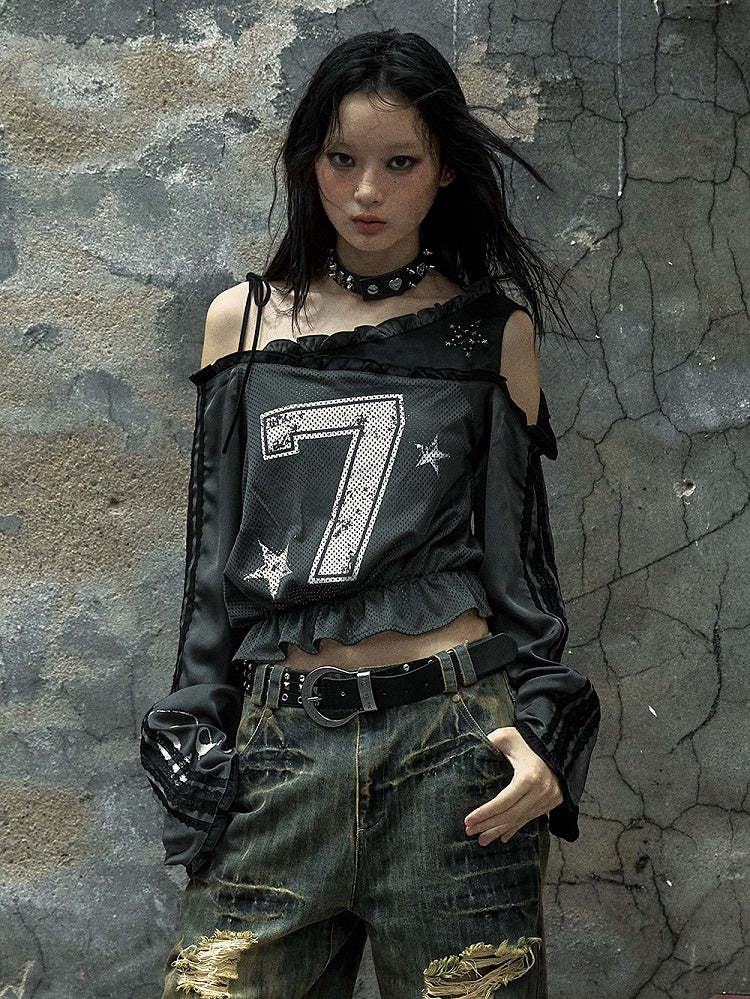 Gray Asymmetrical Neckline Number Print Blokette Core Punk Top