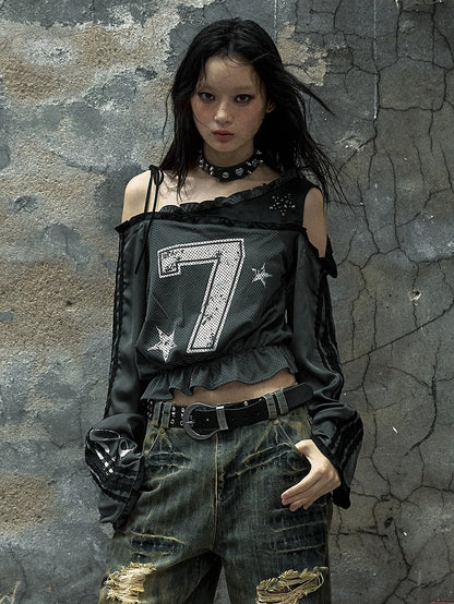 Gray Asymmetrical Neckline Number Print Blokette Core Punk Top