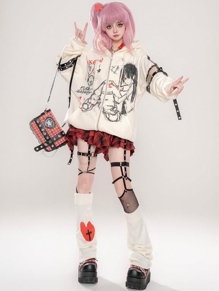 Punk Black/Beige Comic Girl Print Cutout Sleeves Zip Hoodie