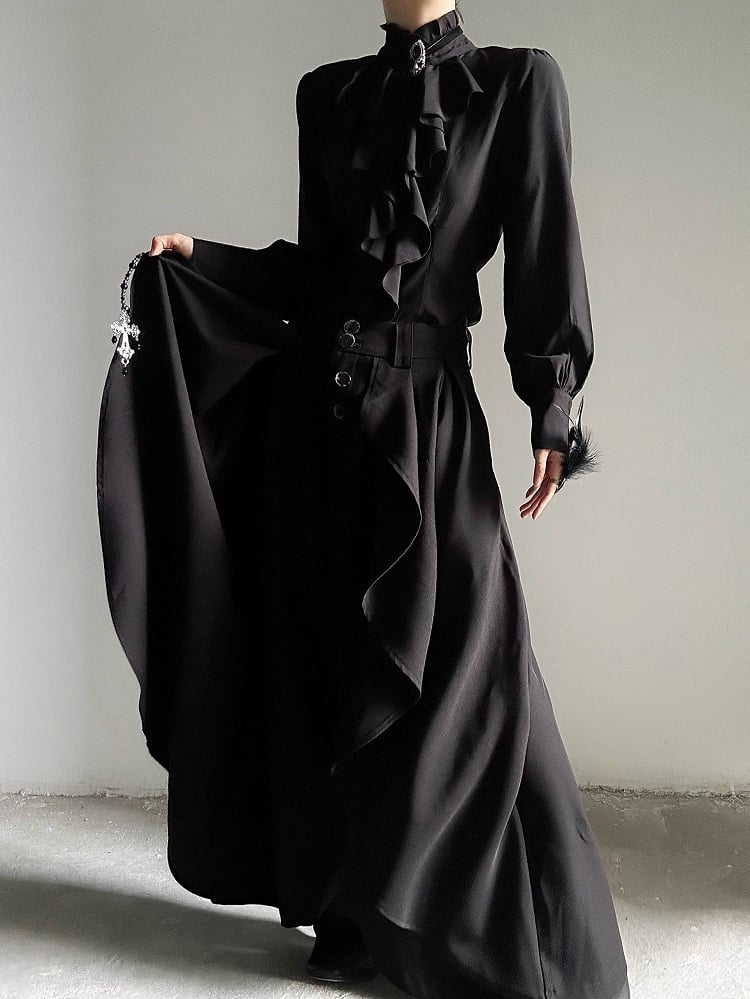 Ouji Lolita Vintage Black Bishop Sleeve Shirt with Cascading Ruffles & Detachable Obsidian Necklace