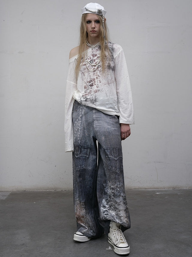 Blue/Beige Wasteland Punk Letter Print Asymmetrical Neckline Long Sleeves Top