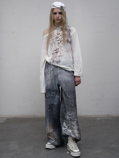 Blue/Beige Wasteland Punk Letter Print Asymmetrical Neckline Long Sleeves Top