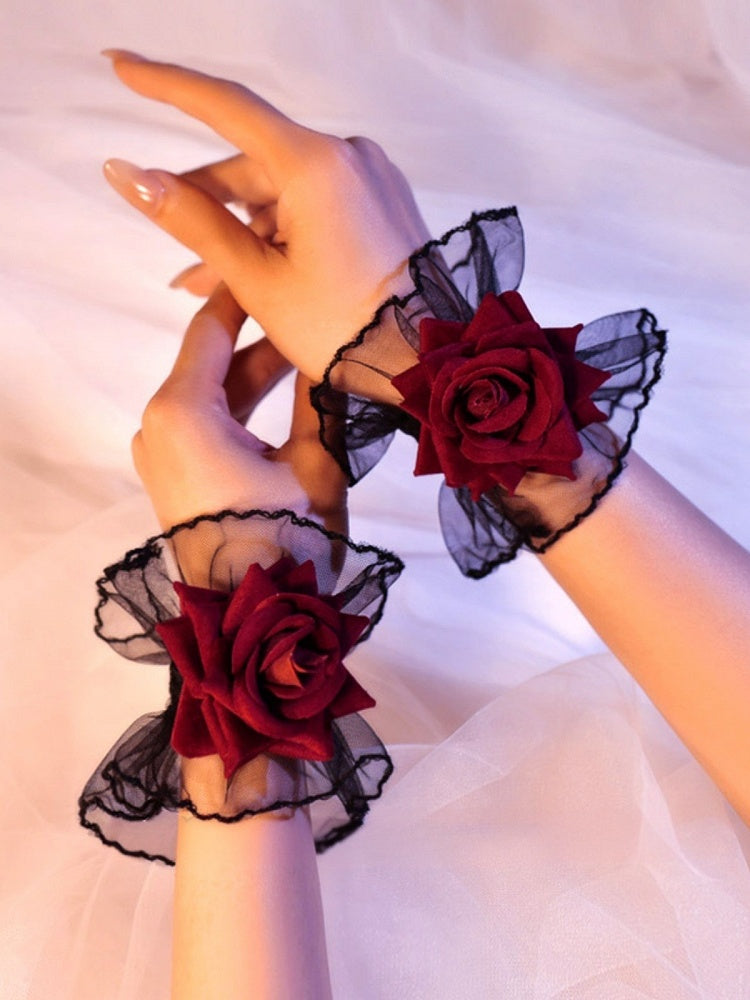 Black Gothic Rosette Lace Wrist Cuffs