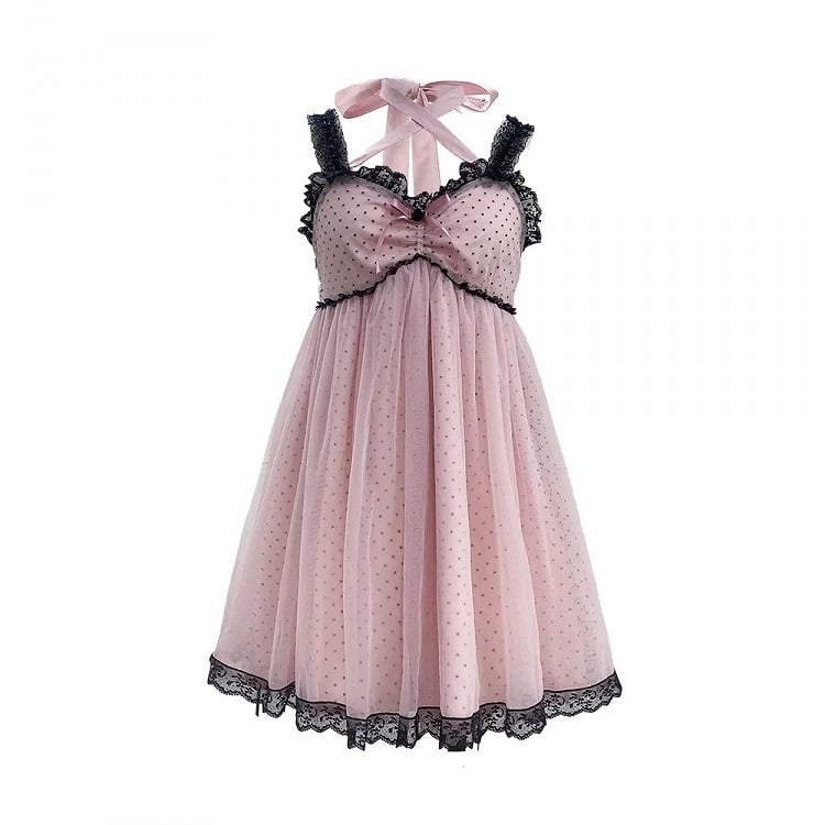 Gyaru Fashion Pink and Black Polka-dot Pattern Lace Trim Self-tie Halter Neck Slip Dress