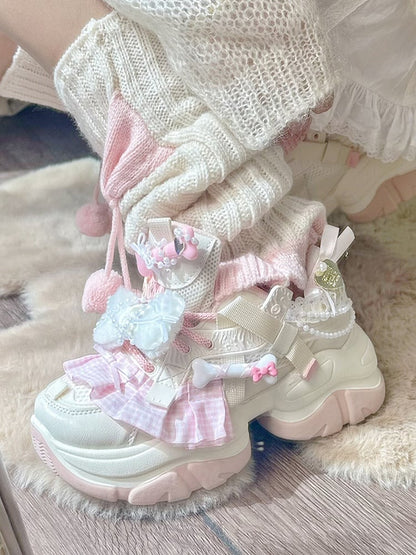 Beige & Pink Plaid Ruffle Trim Plush Bowknot Platform Sneakers