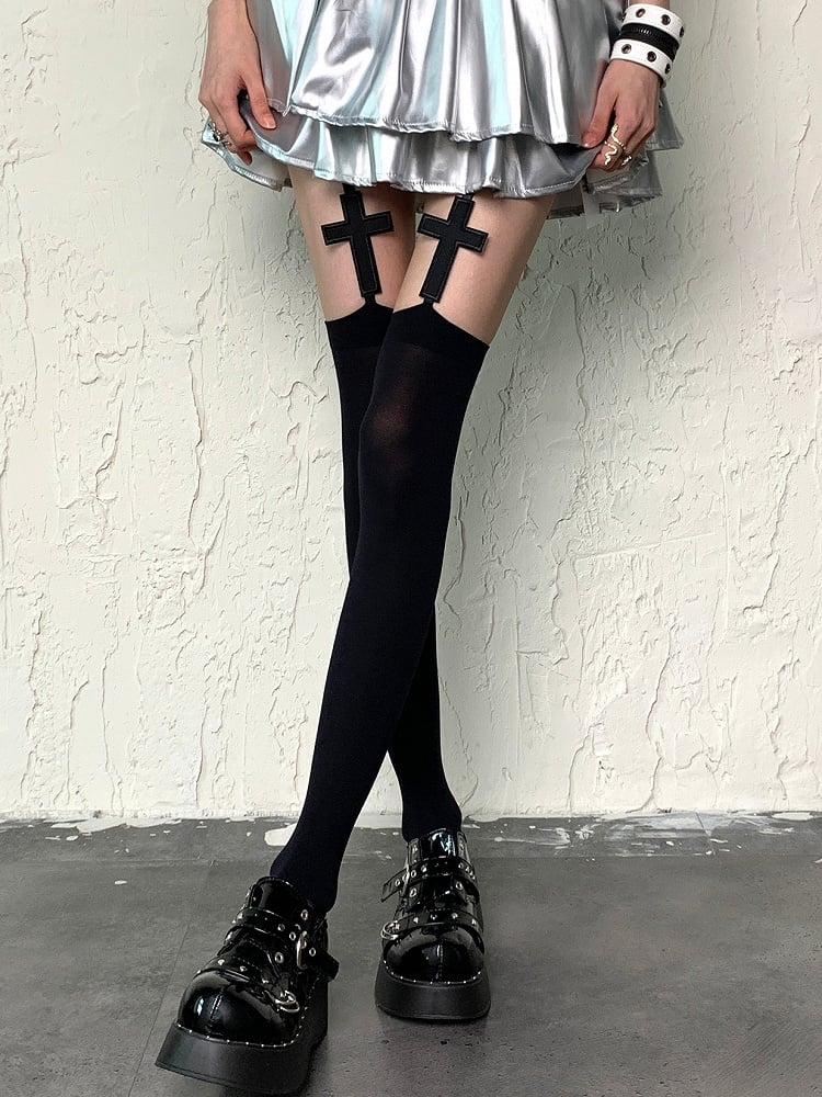 Black//White Y2K Cross Applique Suspender Stockings