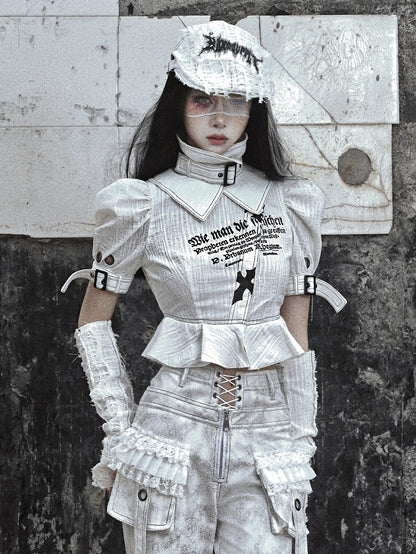 Grey Goth Letters Print Punk Shirt with Detachable Buckle Collar