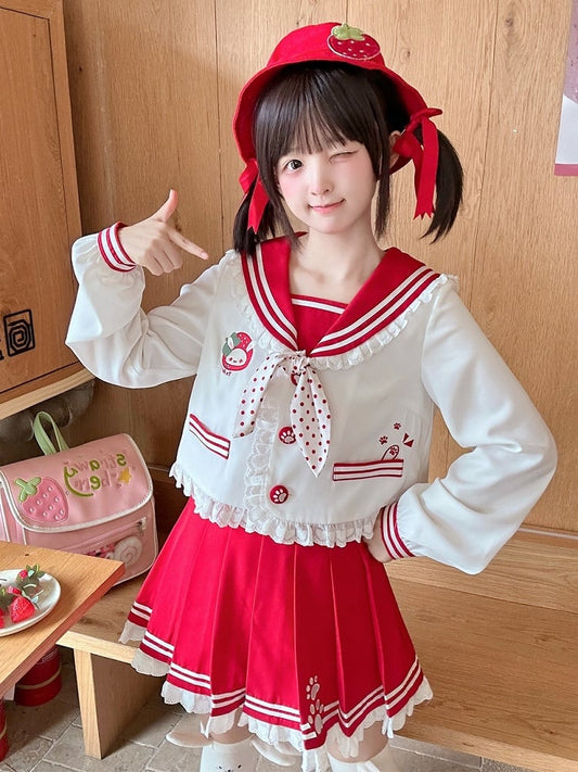 Ruffled Sailor Collar Bunny Ears Design Back Light Pink/Wine Red JK Uniform Top