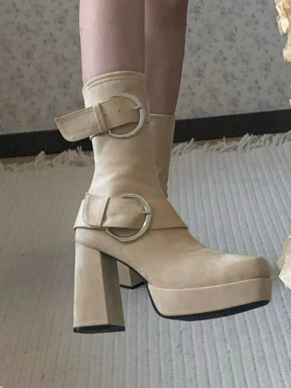 Khaki Lolita Platform Mid-calf Boots - Square Toe High Block Heel with Buckle Accents & Inner Zip