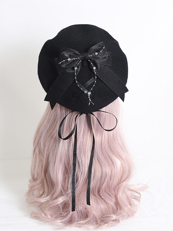 Gentle Lolita Black Beret With Dark Red / Black Bowknot Ribbon